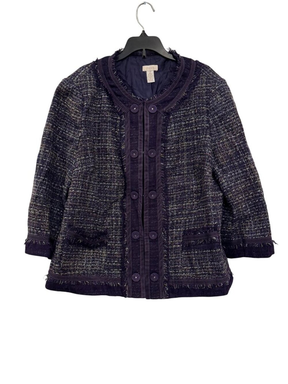 Chicos Tweed Button Front Jacket Womens Size 2 Purple Fringe Trim Lined